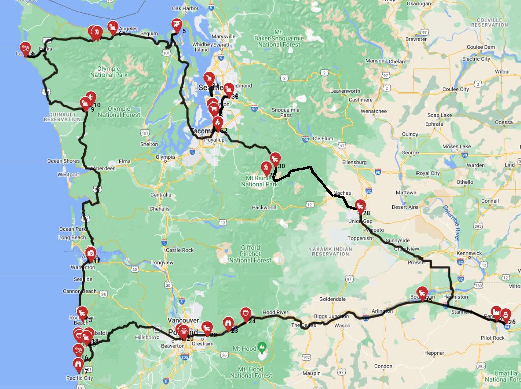 Map for Seattle Roundtrip - Olympic peninsula Three Capes Scenic Drive and Historic Columbia Trail